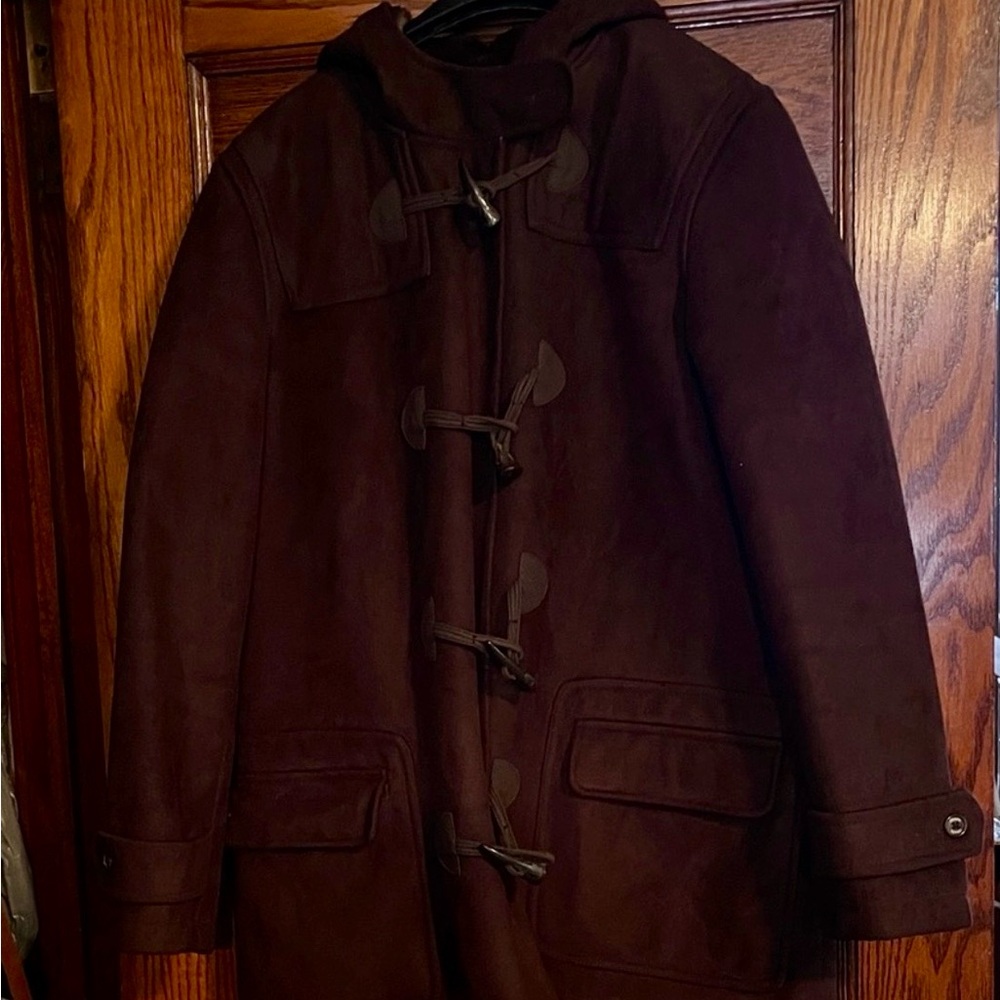 Chaps Brown Faux Suede Fur Lined Duffle Coat with Hood & Toggle Closure
